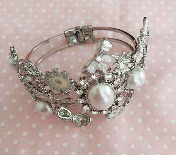 Perrine Bracelets, Nickel Bangle With Faux Pearls+Clear Rhinestones, Top Width 60mm, 1pc