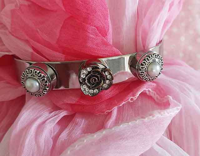 Perrine Bracelets, Nickel Bangle With Faux Pearls+Copper Colour Fl+Clear Rhinestones, Top Width 12mm