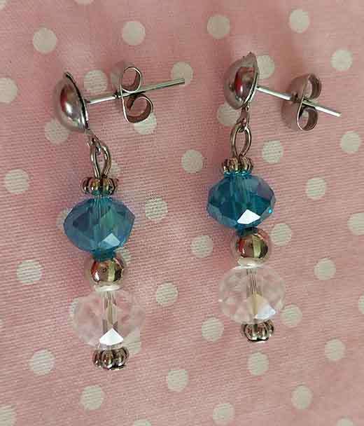 Earrings, Turquoise+Clear Crystal Beads, Nickel Findings, Ear Studs, 33mm