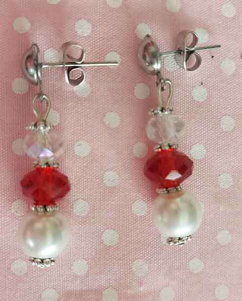 Earrings, Clear+Red Crystal Beads+White Glass Pearls, Nickel Findings+Ear Studs, 33mm, 2pc