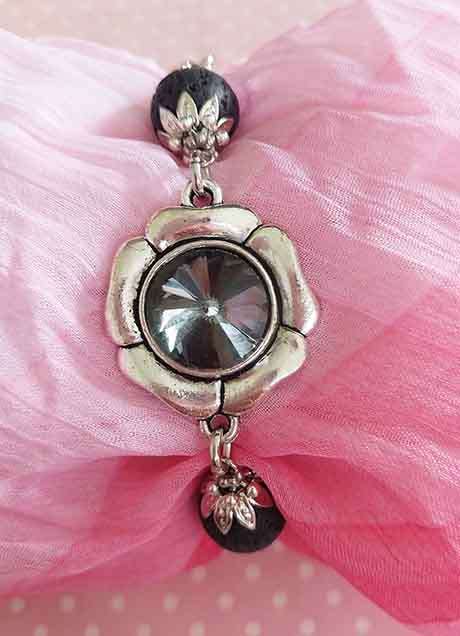 Bracelet, Black Lava Beads, Sliders+Smokey Rhinestones, Nickel Fin, Lobster Clasp, 18.5cm + 5cm, 1pc