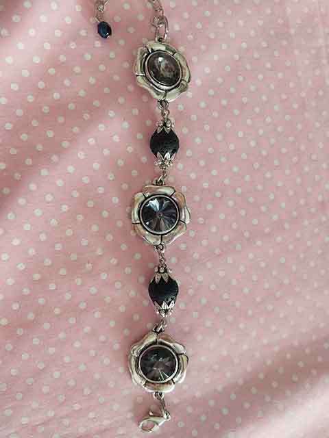 Bracelet, Black Lava Beads, Sliders+Smokey Rhinestones, Nickel Fin, Lobster Clasp, 18.5cm + 5cm, 1pc