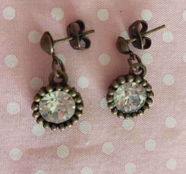 Riza Earrings, Clear Rhinestones, Bronze Findings And Ear Studs, 17mm, 2pc
