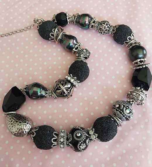 Necklace, Black Lava Beads+Shell Pearls+Egyptian Beads, Nickel Findings, Lobster Clasp, 46cm+5cm