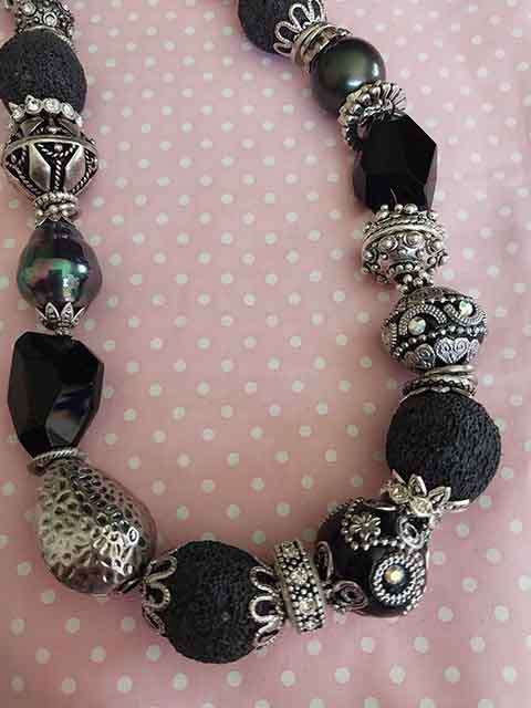 Necklace, Black Lava Beads+Shell Pearls+Egyptian Beads, Nickel Findings, Lobster Clasp, 46cm+5cm