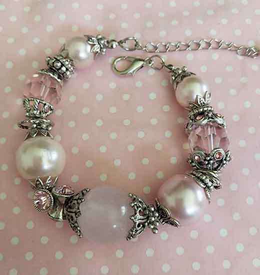 Bracelet, Pink Glass Pearls+Semi-Precious+Crystal Beads, Nickel Findings, Lobster Clasp, 20cm+5cm
