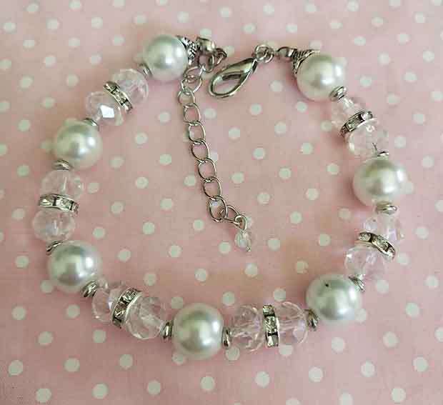 Bracelet, White Glass Pearls+Clear Crystal Beads+Rondals+Cl Nickel Findings, Lobster Clasp, 20cm+5cm