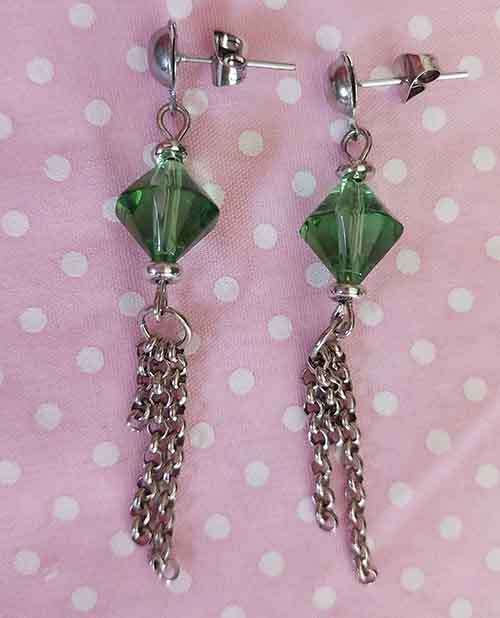 Earrings, Green Bicone Beads, Nickel Findings and Ear Studs, 60mm, 2pc