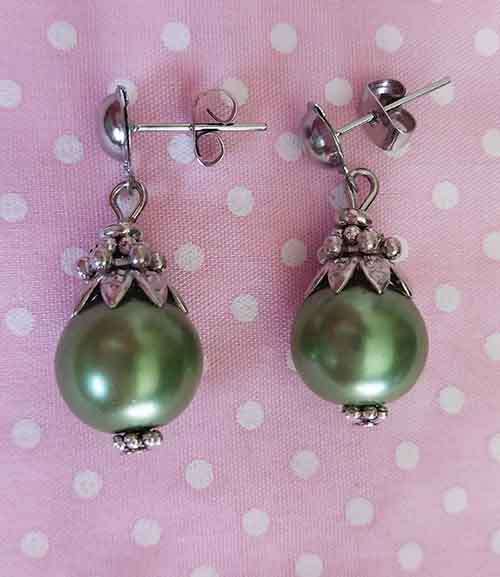 Earrings, Green Glass Pearls, Nickel Findings+Ear Studs, 30mm, 2pc