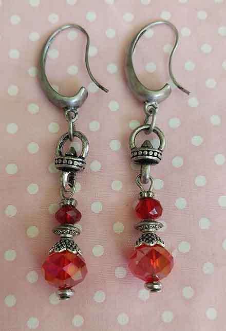 Earrings, Red Crystal Beads, Antique Nickel Ear Hooks, 69mm, 2pc