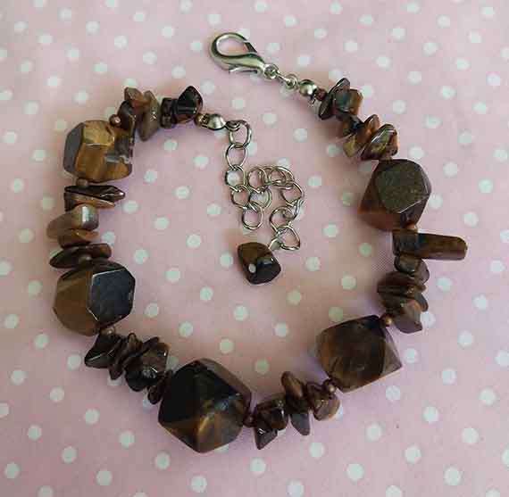 Bracelet, Brown Tiger Eye Chips And Beads, Nickel Findings, Lobster Clasp, 19cm + 5cm