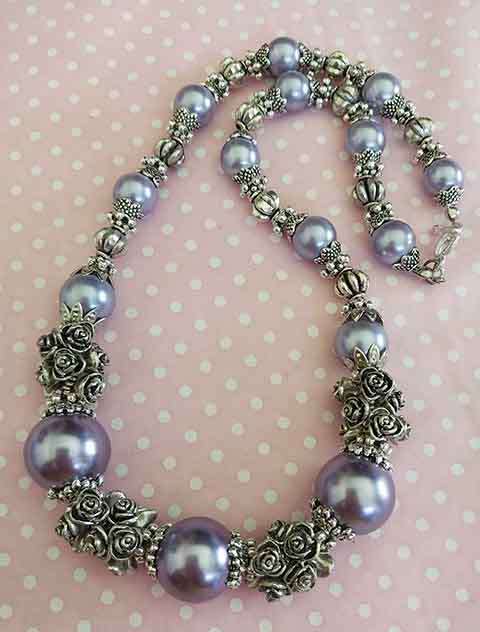 Necklace, Purple Glass Pearls, Nickel Findings, Toggle Clasp, 44cm