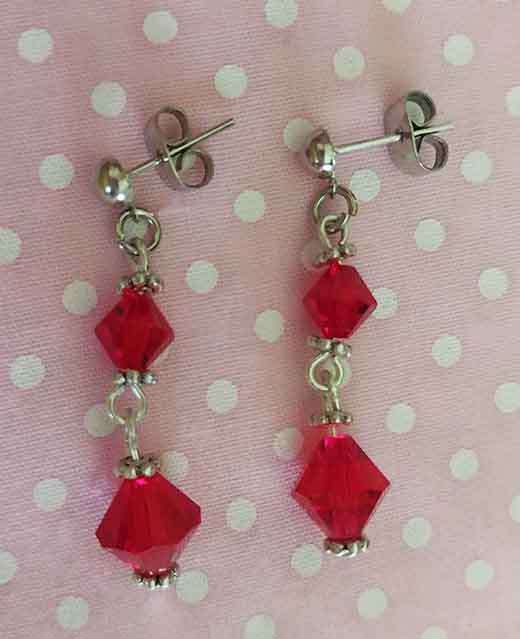 Earrings, Red Swarovski Crystal Beads, Nickel Findings And Ear Studs, 34mm, 2pc