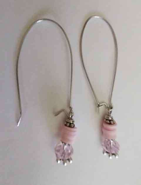 Earrings, Pink Crystal Beads+Pink Clay Disc`s, Nickel Findings And Ear Hooks, 64mm, 2pc