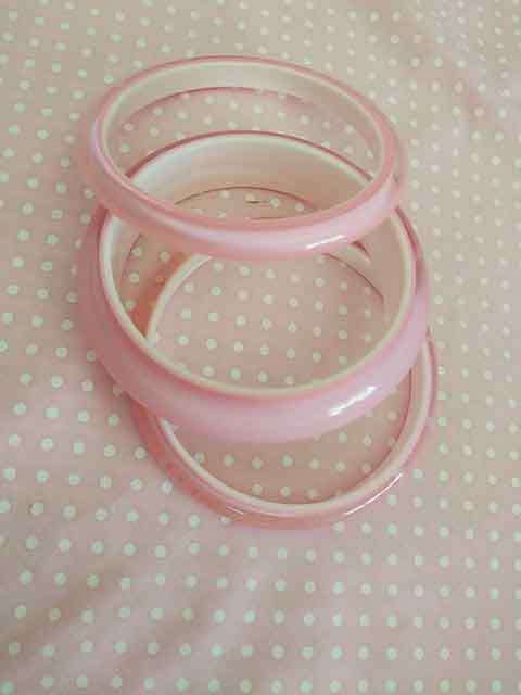 Cherie Bangle, 3pc Acrylic Bangle Set, Pink With White Inner, Inside Dia - 65mm, Width 8mm + 17mm