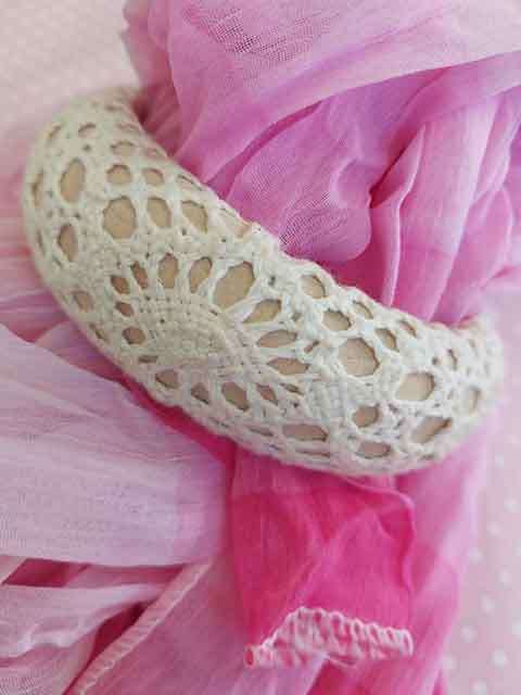 Burtell Bangle, Wooden Bangle Covered In Beige Crochet Work, Inside Diameter - 65mm, Width 30mm, 1pc