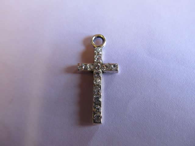 Pendant, Cross With Clear Rhinestones, Nickel, 26mm x 12mm, 1pc