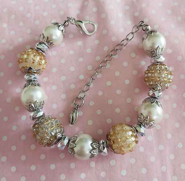 Bracelet, Yellow Glass Pearls+Yellow Seedbead Covered Beads+Nickel Findings, Lobster Clasp, 19cm+5cm