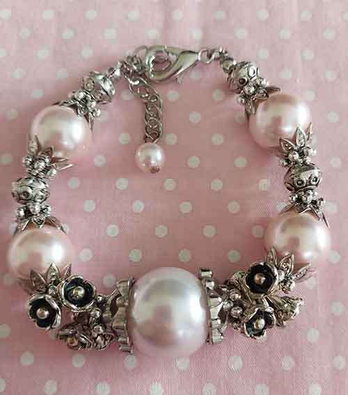 Bracelet, Pink Glass Pearls+Nickel Findings, Lobster Clasp, 17.5cm+5cm