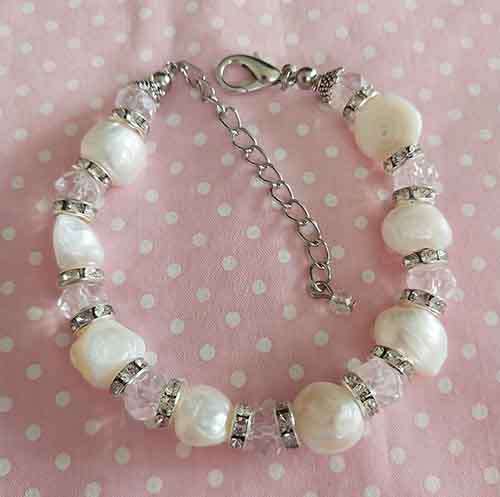 Bracelet, White Freshwater Pearls+Clear Crystal Beads+Ron,Nickel Findings, Lobster Clasp, 19.5cm+5cm