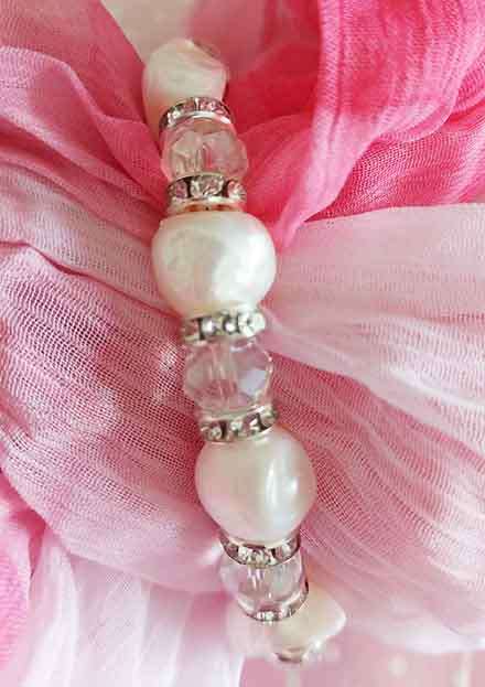 Bracelet, White Freshwater Pearls+Clear Crystal Beads+Ron,Nickel Findings, Lobster Clasp, 19.5cm+5cm