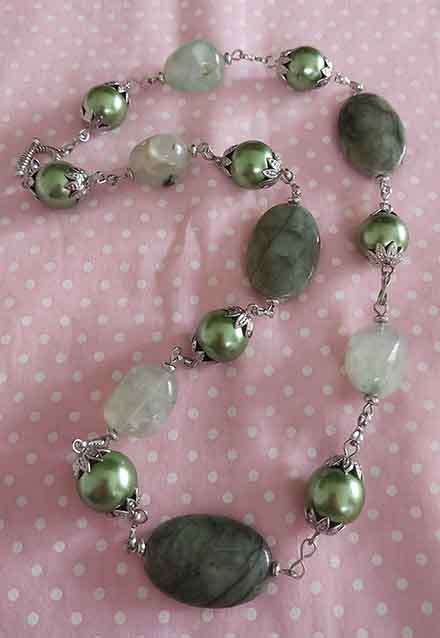 Necklace, Green Glass Pearls+Semi-Precious Beads, Nickel Findings, Toggle Clasp, 50cm