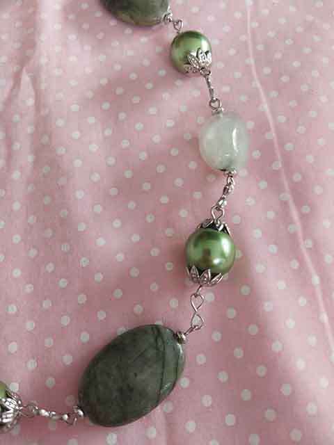 Necklace, Green Glass Pearls+Semi-Precious Beads, Nickel Findings, Toggle Clasp, 50cm