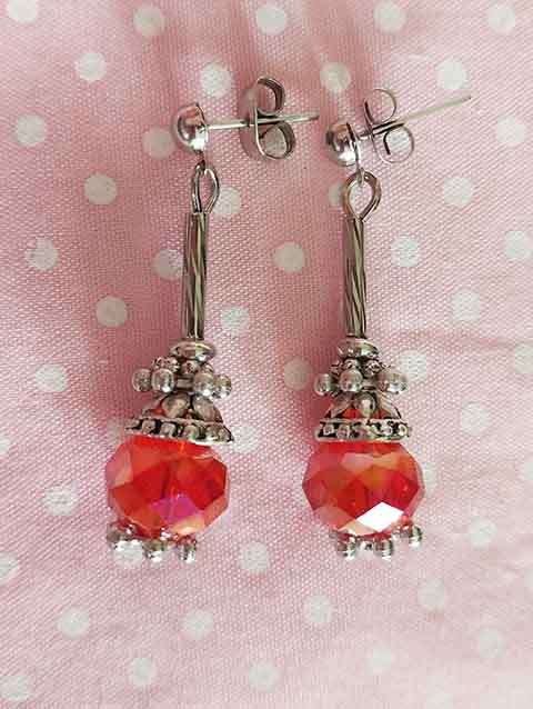 Earrings, Red Crystal Beads, Nickel Findings And Ear Studs, 35mm, 2pc