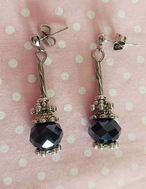 Earrings, Black Crystal Beads, Nickel Findings And Ear Studs, 35mm, 2pc