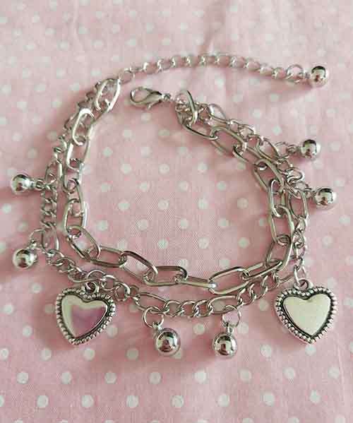 Bracelet, Nickel ChainWith Charms, Double Strand, Lobster Clasp, 19cm+5cm, 1pc