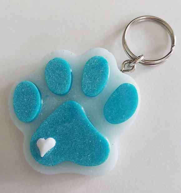 Personal Keyring, Paw Print, White And Blue, 44mm x 44mm, Resin Art Product, Unique, 1pc
