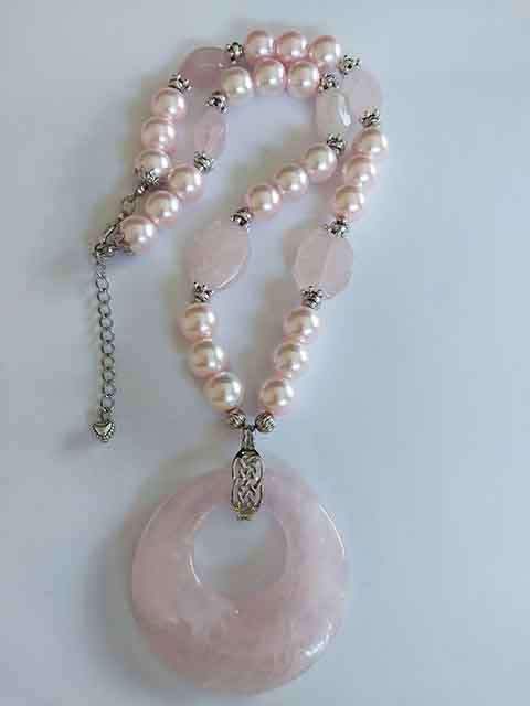 Necklace, Pink Glass Pearls+Pink Rose Quartz Beads, R/Q Pen,Nickel Findings, Lobster Clasp, 48cm+5cm