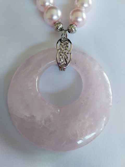 Necklace, Pink Glass Pearls+Pink Rose Quartz Beads, R/Q Pen,Nickel Findings, Lobster Clasp, 48cm+5cm