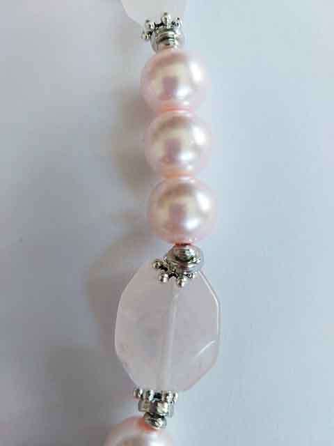 Necklace, Pink Glass Pearls+Pink Rose Quartz Beads, R/Q Pen,Nickel Findings, Lobster Clasp, 48cm+5cm