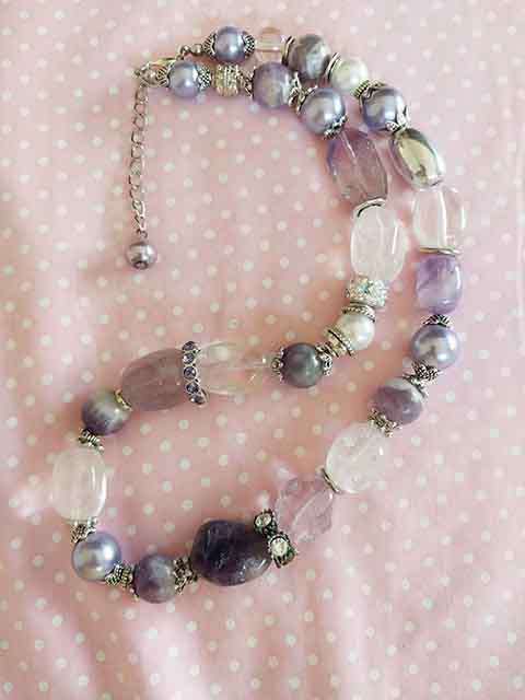 Necklace, Lilac Glass Pearls+Amethyst+Clear Quartz Semi-Precious Beads+Rond, Lobster Clasp, 46cm+5cm