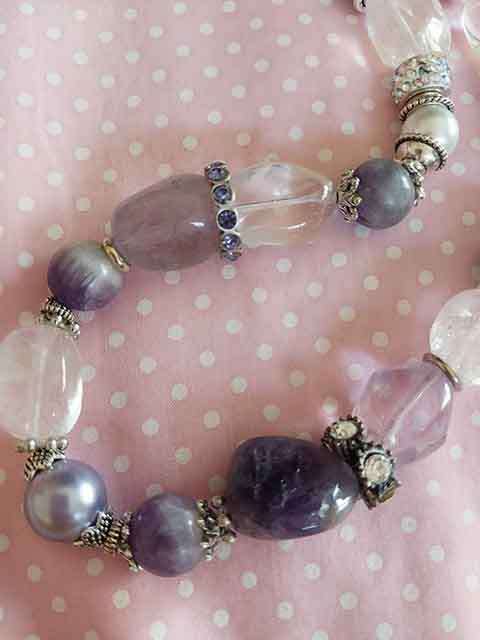 Necklace, Lilac Glass Pearls+Amethyst+Clear Quartz Semi-Precious Beads+Rond, Lobster Clasp, 46cm+5cm