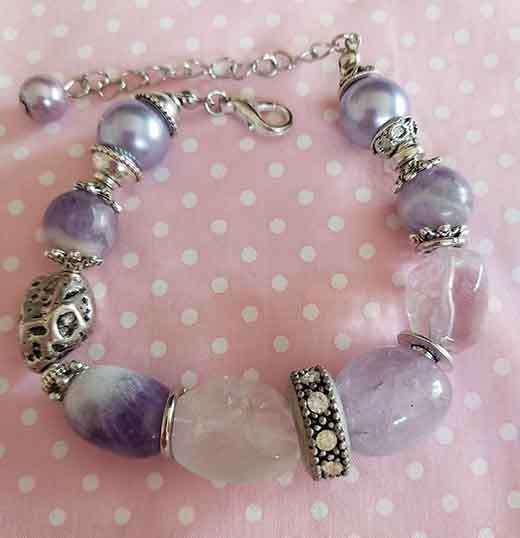Bracelet, Lilac Glass Pearl+Purple Amethyst+Clear  Beads, Nickel Findings, Lobster Clasp, 19cm + 5cm