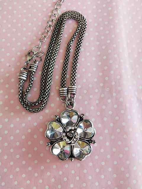 Necklace, Flower Design Clear Rhinestone Pendant, Rope Chain, Nickel Findi,Lobster Clasp, 54cm + 5cm