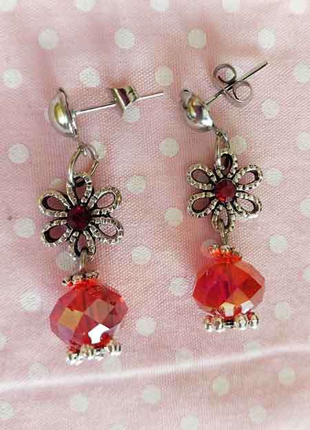 Earrings, Red Crystal Beads, Flower+Red Rhinestone, Nickel Findings And Ear Studs, 35mm, 2pc