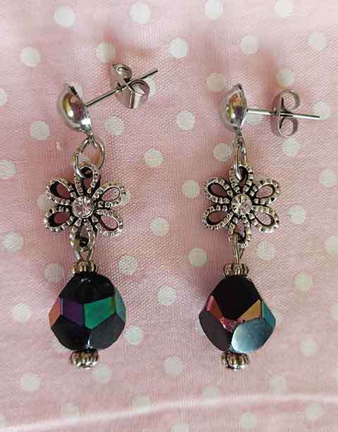 Earrings, Black Crystal Beads, Flower+Clear Rhinestones, Nickel Findings And Ear Studs, 35mm
