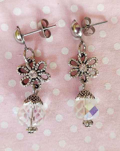 Earrings, Clear Crystal Beads, Flower+Clear Rhinestones, Nickel Findings And Ear Studs, 35mm