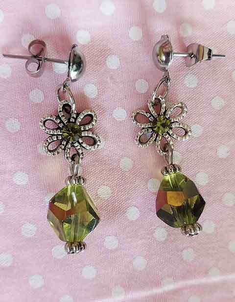 Earrings, Green Crystal Beads, Flower+Green Rhinestones, Nickel Findings And Ear Studs, 35mm
