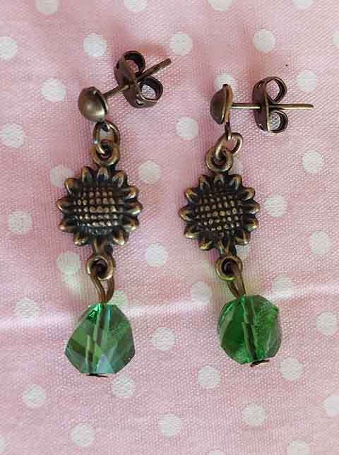 Earrings, Green Crystal Beads, Bronze Findings And Ear Studs, 32mm