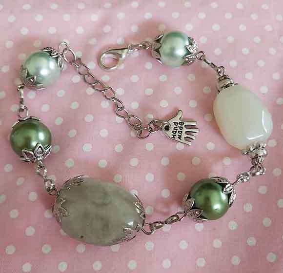 Bracelet, Green Glass Pearls+Green Semi Precious Nuggets+Nickel Findings, Lobster Clasp, 20cm+5cm