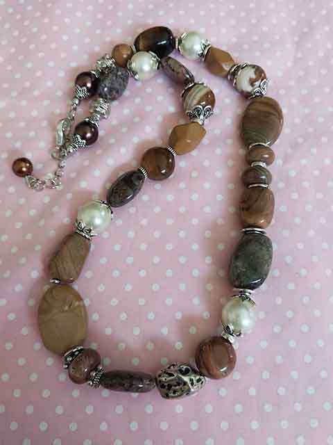 Necklace, Beige+Brown Glass Pearls+Brown Semi-Precious Bead Nickel Findings, Lobster Clasp, 48cm+5cm