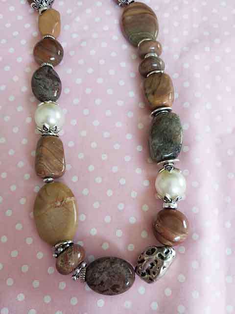 Necklace, Beige+Brown Glass Pearls+Brown Semi-Precious Bead Nickel Findings, Lobster Clasp, 48cm+5cm