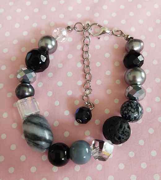 Bracelet, Grey Glass Pearl+Clear Crystal, Black Lava+Gre, Nickel Findings, Lobster Clasp, 18cm + 5cm