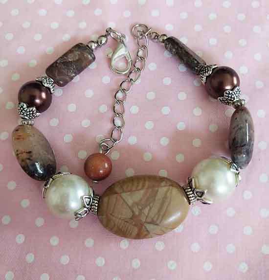 Bracelet, Beige+Br Glass Pearl+Brown Semi-Precious Beads, Nickel Findings, Lobster Clasp, 19cm + 5cm