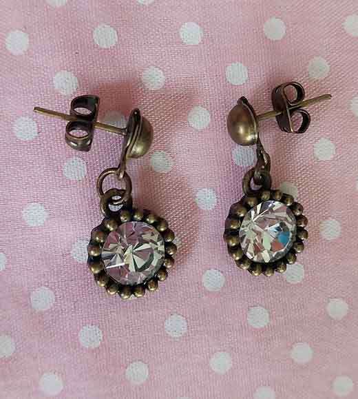 Riza Earrings, Clear Rhinestones, Bronze Findings And Ear Studs, 19mm, 2pc