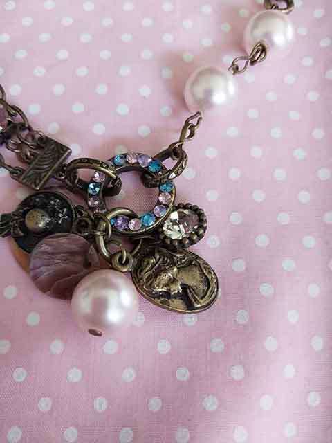 Bracelet, Pink Glass Pearls+Blue+Purple Rhinestones, Bronze Findings, Lobster Clasp, 19cm + 5cm, 1pc
